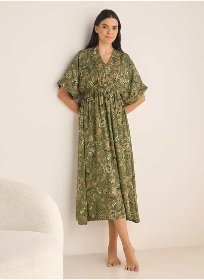 FAV Floral Print Night Gown with Tie-Up and Shirred Detail