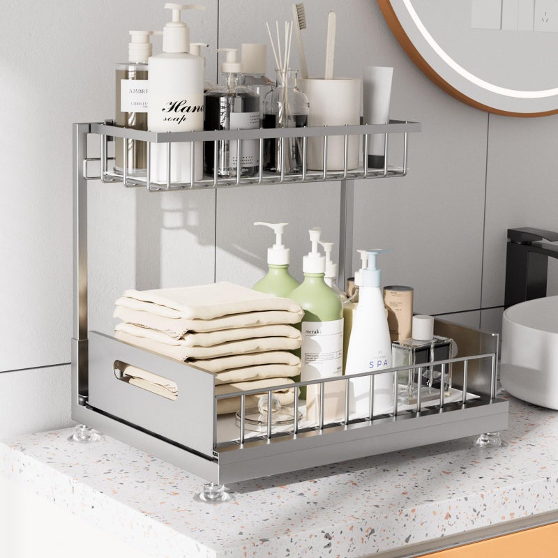 Saydear Under Sink Organizer Storage 2-Tier Premium Metal Pull-Out Kitchen Cabinet Organizer with Sliding Drawer, Height Adjustable, Heavy Duty for Kitchen & Bathroom Organizers 1 Pack Grey - Image 3