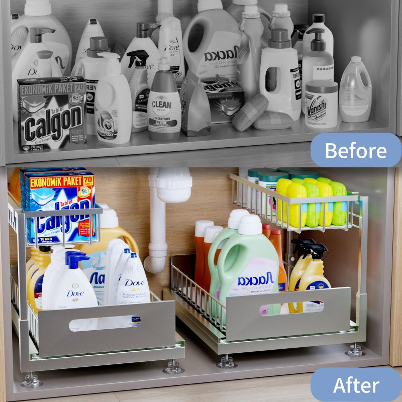 Saydear Under Sink Organizer Storage 2-Tier Premium Metal Pull-Out Kitchen Cabinet Organizer with Sliding Drawer, Height Adjustable, Heavy Duty for Kitchen & Bathroom Organizers 1 Pack Grey - Image 2