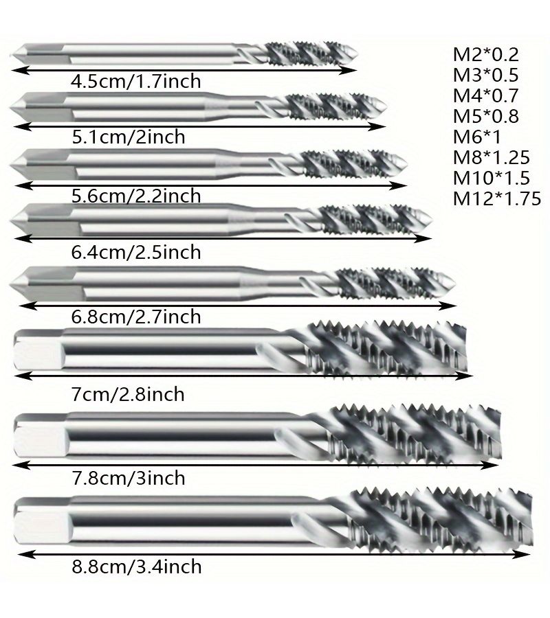 8pcs M2 To M12 HSS Machine Spiral Fluted Tap Set - Image 2