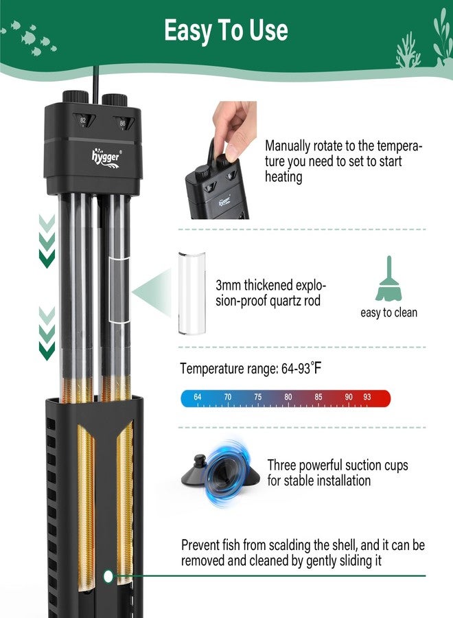 هايغر سخان حوض السمك من هيجر، 600 واط/800 واط، سخان مياه غاطس لحوض السمك، مصنوع من الكوارتز المزدوج المقاوم للانفجار مع نظام قياس درجة حرارة منفصل لأحواض المياه العذبة والمالحة (600 واط). - Image 4