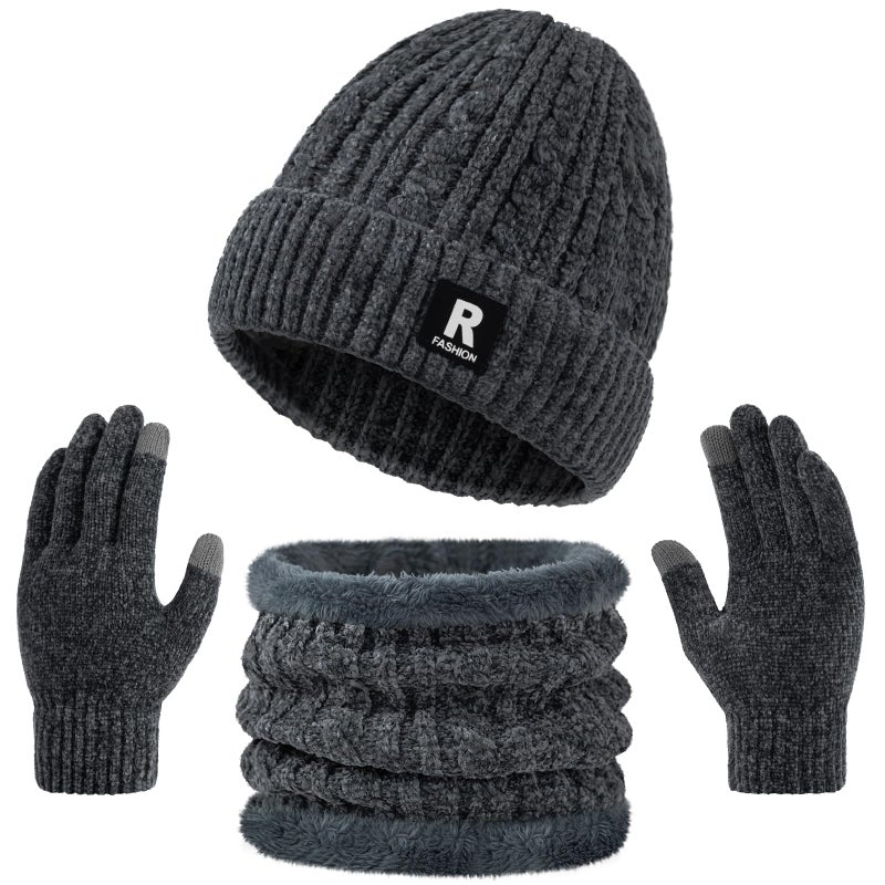Nimalpal Winter Beanie Hat Scarf Gloves Set, Warm Fleece Lined Skull Cap Neck Warmer Winter Gloves for Men Women (Grey) - Image 1