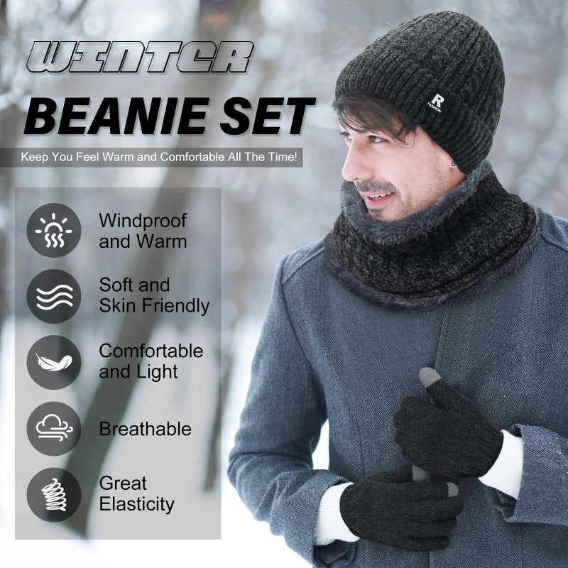 Nimalpal Winter Beanie Hat Scarf Gloves Set, Warm Fleece Lined Skull Cap Neck Warmer Winter Gloves for Men Women (Grey) - Image 2