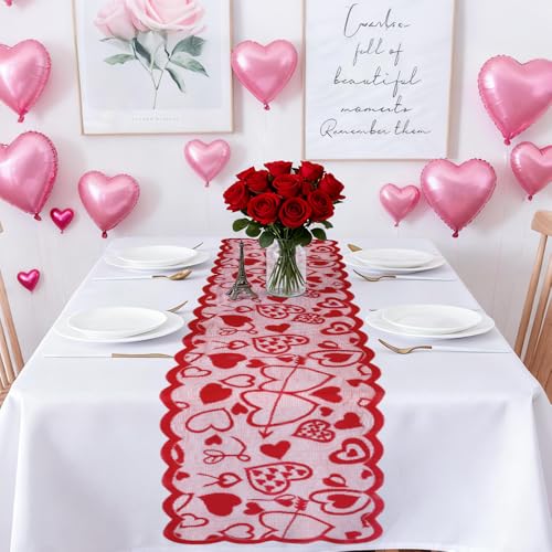 Luktastic Valentines Table Runner, 13 x 72 Inch Red Heart Lace Table Runner for Valentines Decorations Romantic Home Kitchen Dining Table Decor Outdoor Indoor Wedding Holiday Anniversary Party Decorations - Image 5