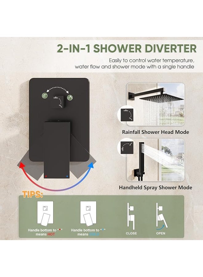 YD Luxury Wall Mounted Rainfall Shower System with Handheld Shower Set, Concealed Shower Mixer Valve Kit, High Pressure Square Rain Shower Head, Modern Bathroom Shower Combo with Adjustable Hand Shower Hose - Image 3