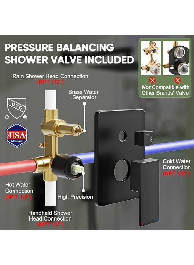 YD Luxury Wall Mounted Rainfall Shower System with Handheld Shower Set, Concealed Shower Mixer Valve Kit, High Pressure Square Rain Shower Head, Modern Bathroom Shower Combo with Adjustable Hand Shower Hose - Image 4