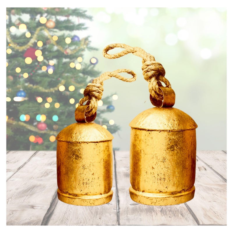 ALADEAN Rustic Decorative Bells Set of 2 Giant Harmony Cow Bells Huge Handmade Vintage Christmas Bells Golden Cowbell Country Style Jute Rope Hanging Bell Wall Decor 2X Harmony Bells 46 - Image 2