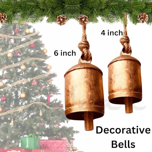 ALADEAN Rustic Decorative Bells Set of 2 Giant Harmony Cow Bells Huge Handmade Vintage Christmas Bells Golden Cowbell Country Style Jute Rope Hanging Bell Wall Decor 2X Harmony Bells 46 - Image 3