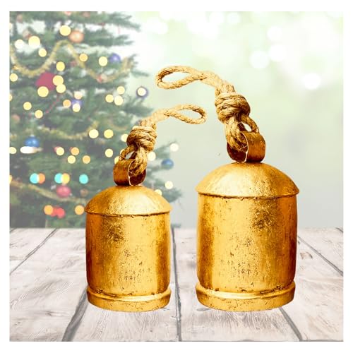ALADEAN Rustic Decorative Bells Set of 2 Giant Harmony Cow Bells Huge Handmade Vintage Christmas Bells Golden Cowbell Country Style Jute Rope Hanging Bell Wall Decor 2X Harmony Bells 46 - Image 1