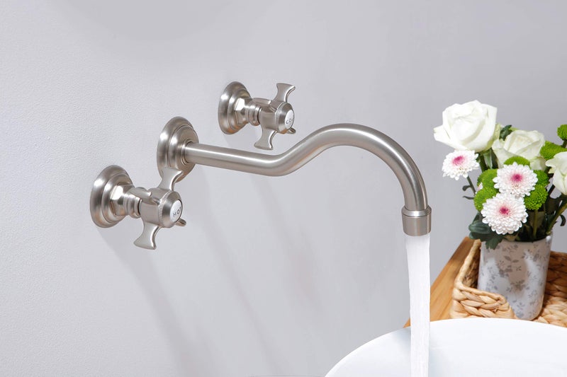 SITGES Wall Faucet,Two Handle Bathroom Sink Wall Mount Faucet with Rough in Valve Included,Brushed Nickel - Image 3