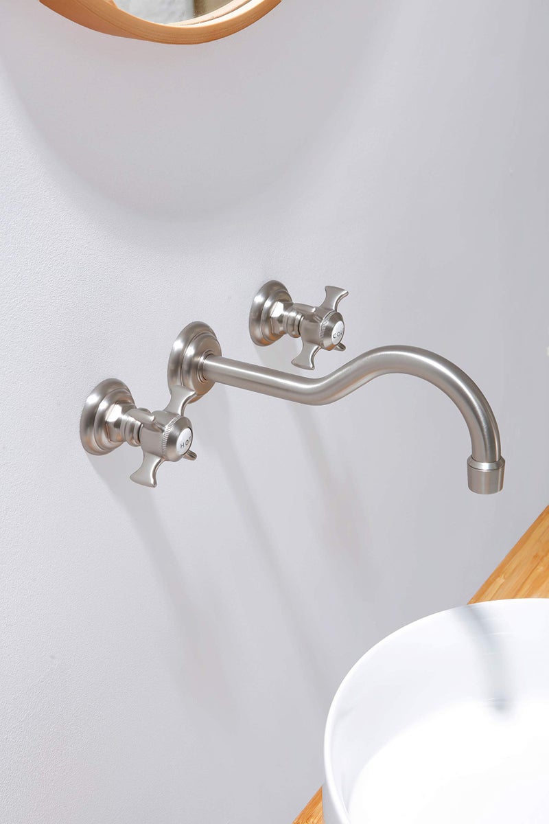 SITGES Wall Faucet,Two Handle Bathroom Sink Wall Mount Faucet with Rough in Valve Included,Brushed Nickel - Image 2