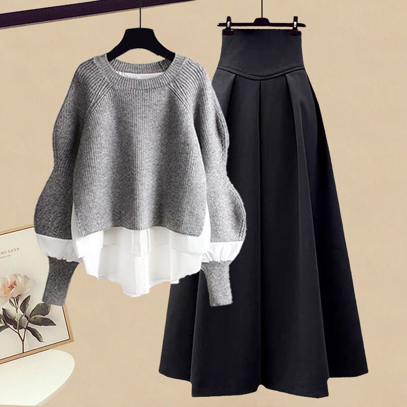 Autumn 2024 Plus Size Faux Layered Shirt  Skirt Set for Women Gray top black skirt [two-piece]]