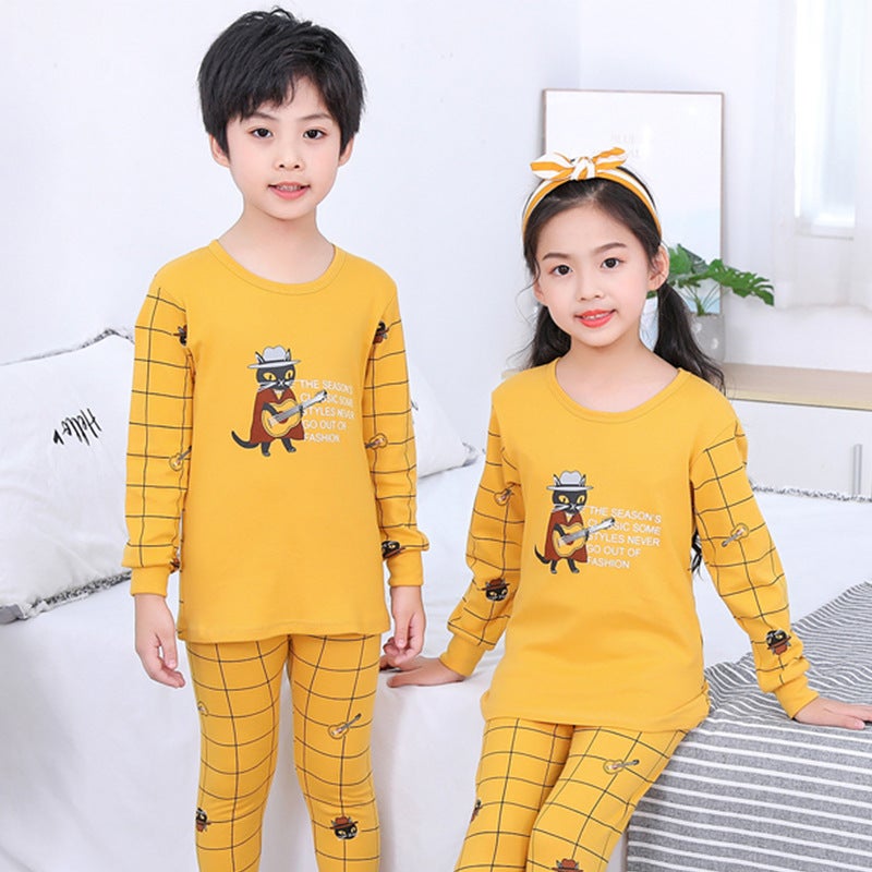 2023 new childrens clothing autumn and winter cotton underwear set boys and girls close-fitting underwear home clothing A autumn pants -Yellow Cat (set) 