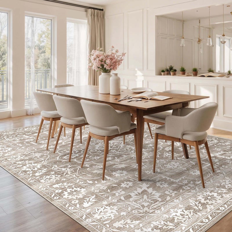 Soalmost 9x12 Washable Area Rugs for Living Room, Vintage Floral Stain Resistant Non-Slip Low Pile Natural Rug Soft Throw Large Carpet for Dining Room Bedroom Farmhouse Home Office Light Brown - Image 3