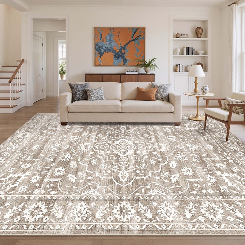 Soalmost 9x12 Washable Area Rugs for Living Room, Vintage Floral Stain Resistant Non-Slip Low Pile Natural Rug Soft Throw Large Carpet for Dining Room Bedroom Farmhouse Home Office Light Brown - Image 1