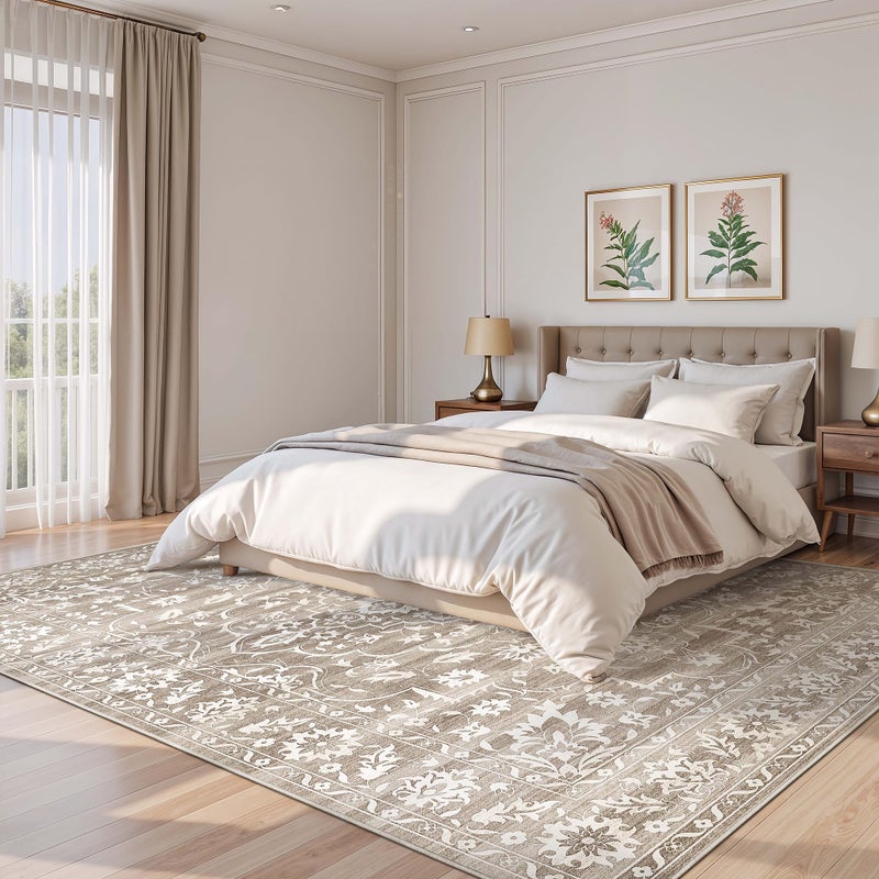 Soalmost 9x12 Washable Area Rugs for Living Room, Vintage Floral Stain Resistant Non-Slip Low Pile Natural Rug Soft Throw Large Carpet for Dining Room Bedroom Farmhouse Home Office Light Brown - Image 2