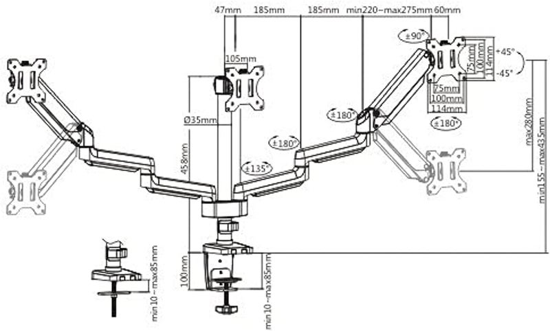 Hamood , PREMIUM TRIPLE MONITORS ALUMINUM POLE MOUNTED GAS SPRING MONITOR ARM Adjust and Position,Fit Screen Size:17"-27",Tilt Range:+45°~-45°,Swivel Range:+90°~-90°,Screen Rotation:+180°~-180°,Ham-112 - Image 2