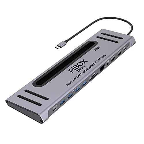PiBOX India, 12 in 1 USB-C Docking station MST Heat Vents 2*HDMI 4K, 2*USB-C, 4*USB 3.0, Gigabit port, SD/TF Card Readers and 3.5mm Audio for MacBook/Pro/Air, iPad Pro, Laptops, Mobile Phones(Platinum - Image 1