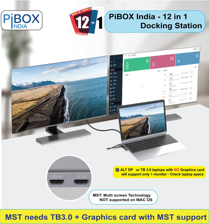 PiBOX India, 12 in 1 USB-C Docking station MST Heat Vents 2*HDMI 4K, 2*USB-C, 4*USB 3.0, Gigabit port, SD/TF Card Readers and 3.5mm Audio for MacBook/Pro/Air, iPad Pro, Laptops, Mobile Phones(Platinum - Image 5