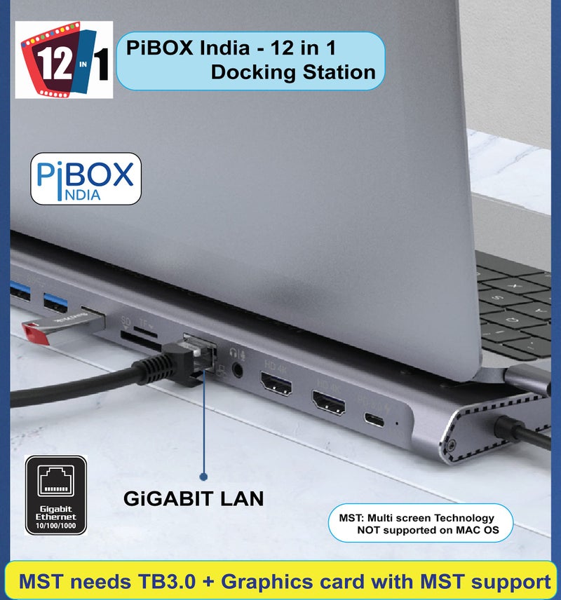 PiBOX India, 12 in 1 USB-C Docking station MST Heat Vents 2*HDMI 4K, 2*USB-C, 4*USB 3.0, Gigabit port, SD/TF Card Readers and 3.5mm Audio for MacBook/Pro/Air, iPad Pro, Laptops, Mobile Phones(Platinum - Image 3