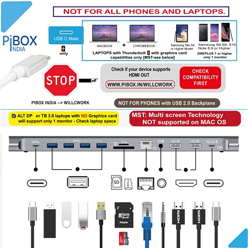 PiBOX India, 12 in 1 USB-C Docking station MST Heat Vents 2*HDMI 4K, 2*USB-C, 4*USB 3.0, Gigabit port, SD/TF Card Readers and 3.5mm Audio for MacBook/Pro/Air, iPad Pro, Laptops, Mobile Phones(Platinum - Image 2