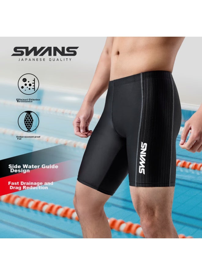 Speed Vision Swans Men's Knee-length Swim Shorts, Anti-embarrassment, Sun Protection, Quick-drying, Professional Training, Large Size, Hot Springs, Black, XL - Image 1