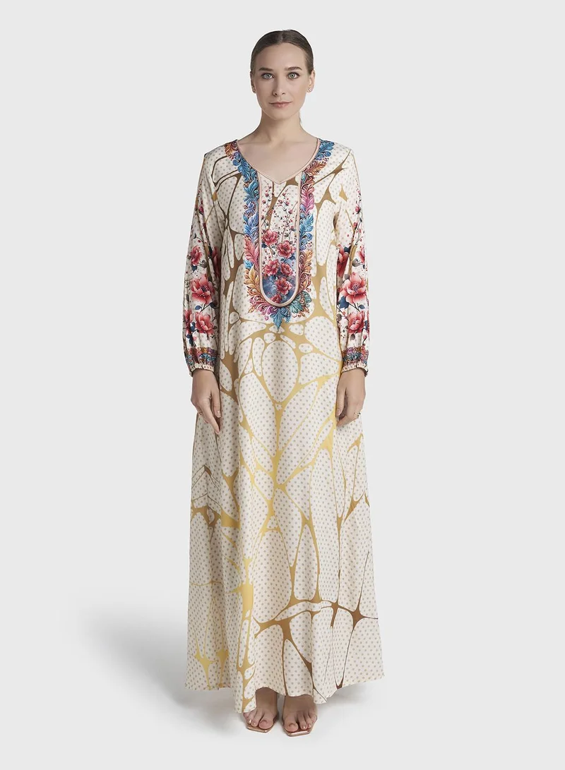Kashkha Cream Colour Stone Work Rayon Polka Dot Printed Jalabiya (VDC132)