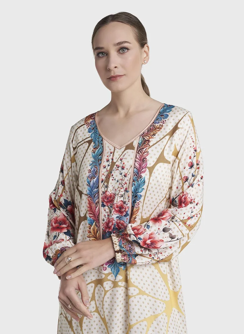 Kashkha Cream Colour Stone Work Rayon Polka Dot Printed Jalabiya (VDC132)