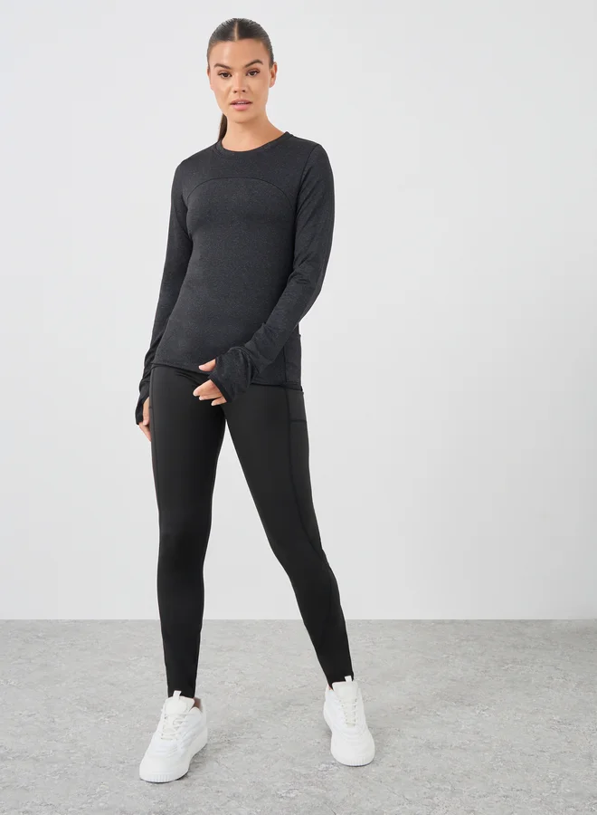 Styli Styli Active Melange Round Neck Top with Thumbhole Detail