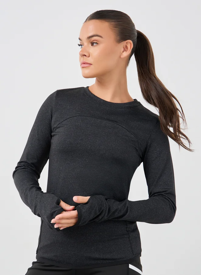 Styli Styli Active Melange Round Neck Top with Thumbhole Detail