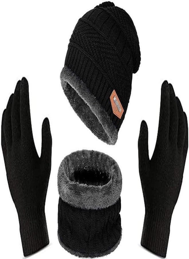 VONITY Winter Woolen Cap, Neck Warmer Scarf With Gloves Set, Beanie Style, Warm Winter Neck Scarf, Gloves And Caps Suitable For Men And Women Stylish Cap & Gloves (Set Of 3)- Ur-220 - Image 1