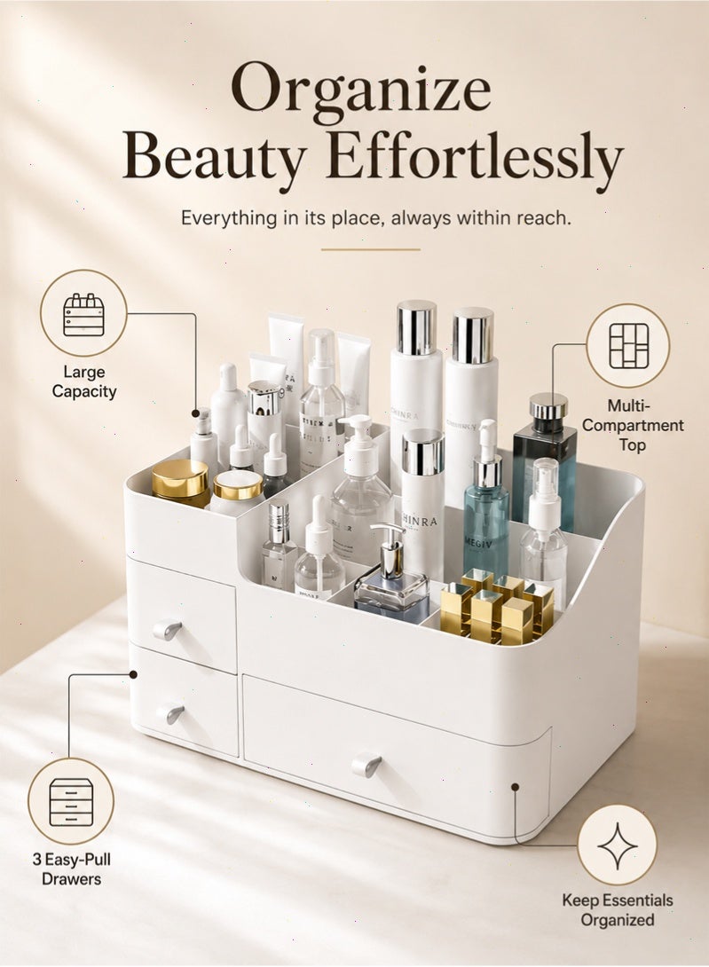 Pomefar White Makeup Organizer for Vanity, with 3 Drawers, Large Capacity, Ideal for Make up, Cosmetic, Skin care, Suitable for Bathroom Counter, Dressers, Desk - Image 3