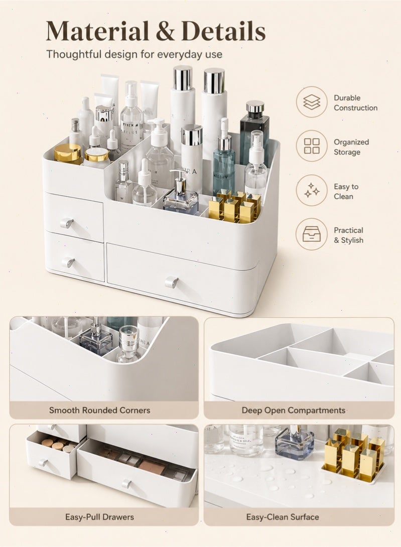Pomefar White Makeup Organizer for Vanity, with 3 Drawers, Large Capacity, Ideal for Make up, Cosmetic, Skin care, Suitable for Bathroom Counter, Dressers, Desk - Image 4