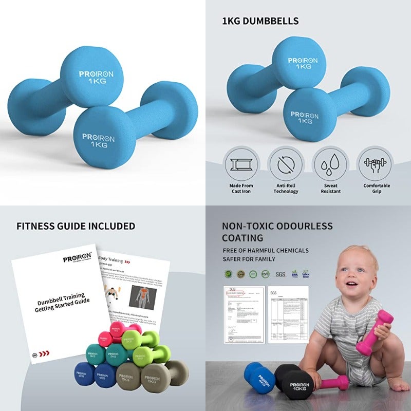 PROIRON Neoprene Dumbbells Weights Exercise and Fitness Dumbbells in 1kg 1.5kg 2kg 3kg 4kg 5kg 6kg 8kg 10kg Pair - Image 1