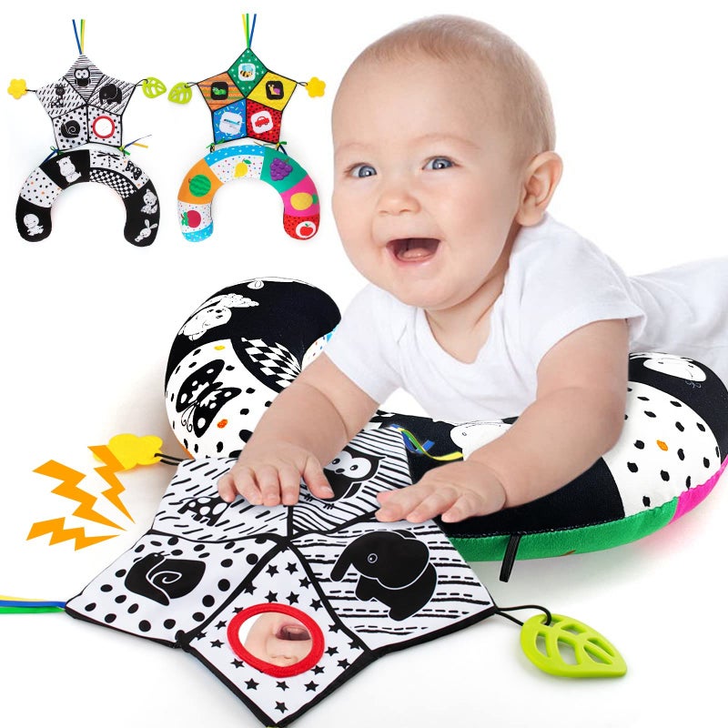 teytoy Tummy Time Pillow with Crinkle Mat & Teethers, Black and White High Contrast Baby Toys with Mirror, Montessori Sensory Crawling Toy for Infant Newborn Toddler Tummy Time Toys 0-6 Months Babies - Image 1