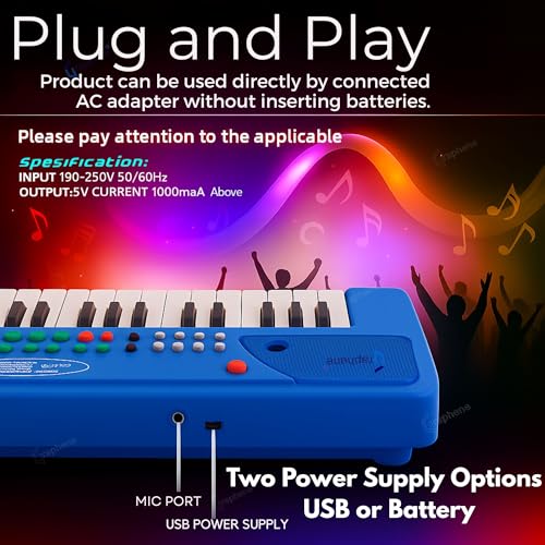GRAPHENE 37 Key Electronic Piano Keyboard Kids With Mic & One Side Speaker 8 Rhythms 8 Tons 6 Demos Song Record Finger Chord & Demo Modes Microphone USB Powered 2+ years Toys Boys Girls (Blue) - Image 5