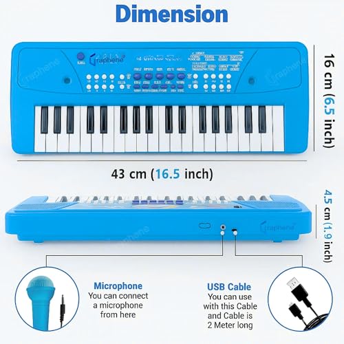 GRAPHENE 37 Key Electronic Piano Keyboard Kids With Mic & One Side Speaker 8 Rhythms 8 Tons 6 Demos Song Record Finger Chord & Demo Modes Microphone USB Powered 2+ years Toys Boys Girls (Blue) - Image 2