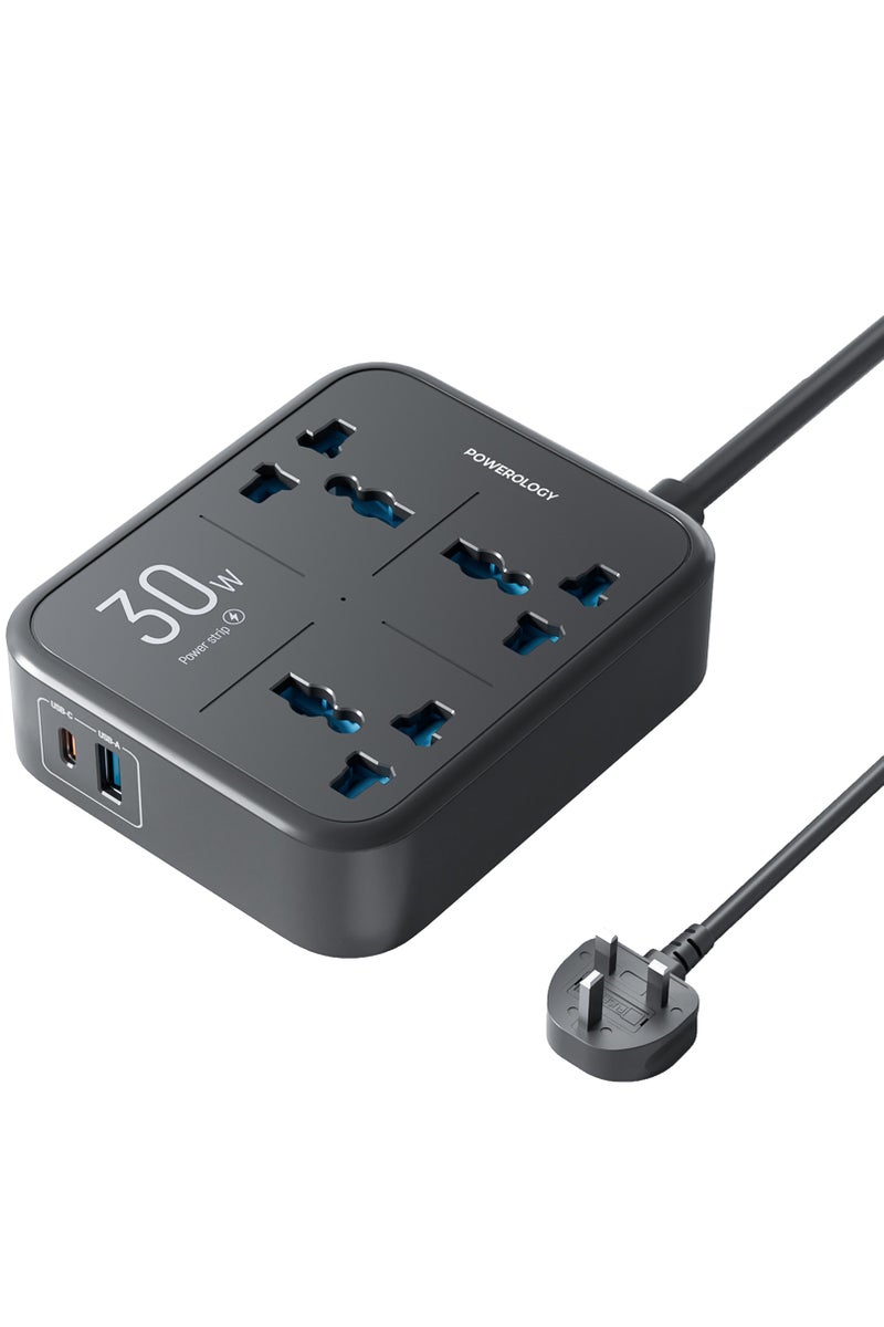 Powerology Power Strip 3250W Rated Power with 3 AC Socket, USB-A & PD 30W USB-C Ports / Simultaneous Charging / Built-in Safeguard / Fire-Proof Material / Built-in 13A Fuse Protection - Black - Image 1