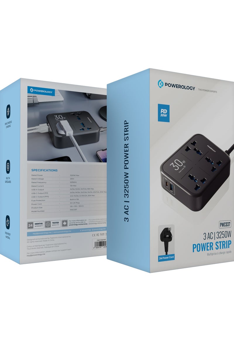 Powerology Power Strip 3250W Rated Power with 3 AC Socket, USB-A & PD 30W USB-C Ports / Simultaneous Charging / Built-in Safeguard / Fire-Proof Material / Built-in 13A Fuse Protection - Black - Image 3