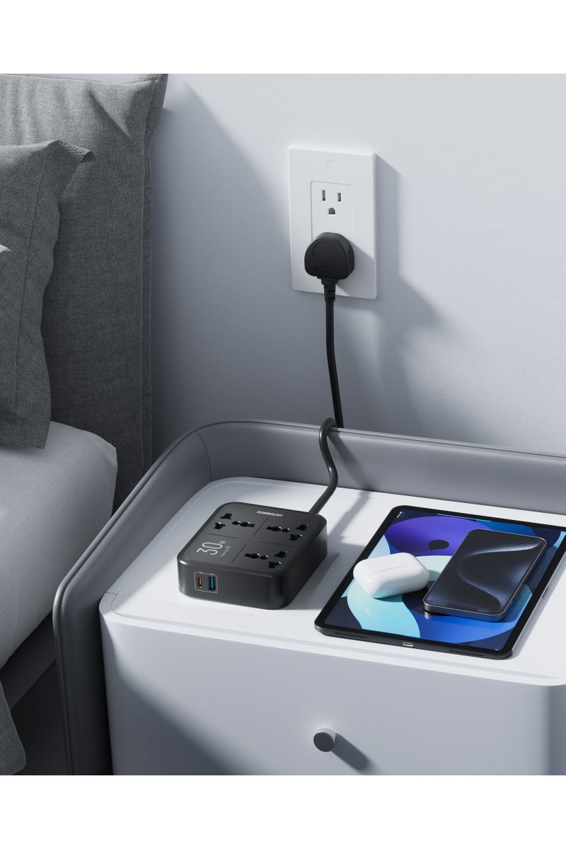 Powerology Power Strip 3250W Rated Power with 3 AC Socket, USB-A & PD 30W USB-C Ports / Simultaneous Charging / Built-in Safeguard / Fire-Proof Material / Built-in 13A Fuse Protection - Black - Image 5