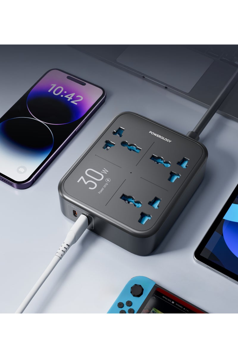 Powerology Power Strip 3250W Rated Power with 3 AC Socket, USB-A & PD 30W USB-C Ports / Simultaneous Charging / Built-in Safeguard / Fire-Proof Material / Built-in 13A Fuse Protection - Black - Image 4