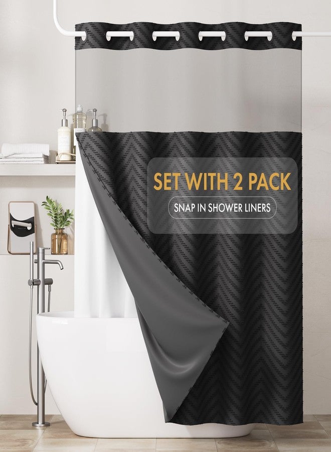 Bathway No Hook Shower Curtain and 2 Pack Removable Liner Set for Replacement, Black Snap in Shower Curtains Chevron Tufted Water Resistant with Through Mesh Top Window for Bathroom Hotel 72" x 74" - Image 1