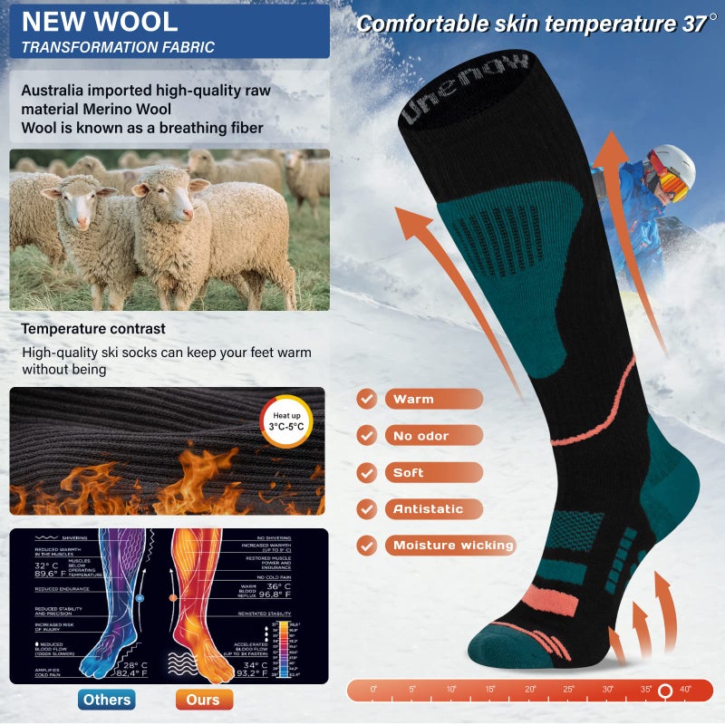 unenow Merino Wool Ski Socks 2 Pairs, Thermal Knee High Warm Socks for Snowboarding, Hiking, Cold Weather, Snow, Hunting - Image 3