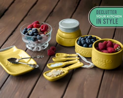 Comfify Mason Jar Kitchenware Set – Yellow Ceramic Decor with 4 Measuring Cups, 4 Measuring Spoons, Spoon Rest - Image 4
