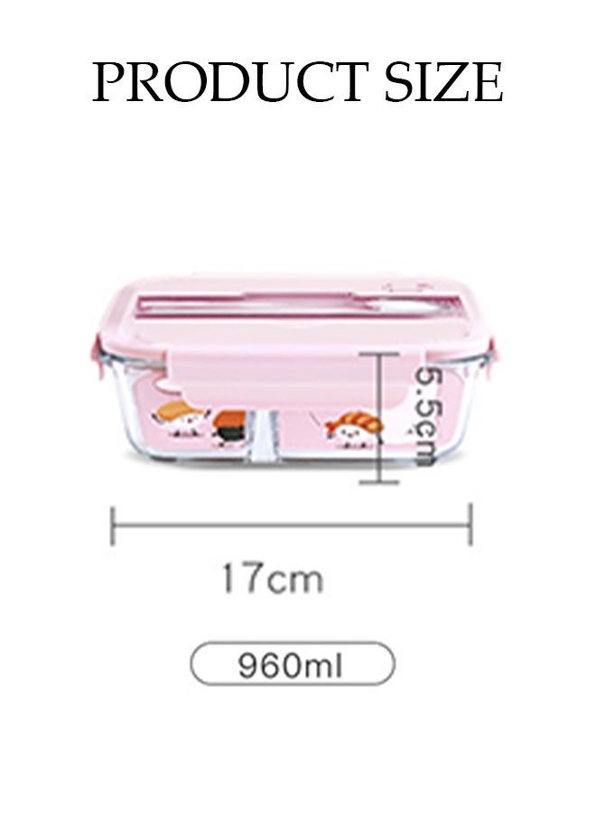 Generic 960ml glass lunch box with glass bowl, lunch box with reusable chopsticks and forks, leak proof food container for portable dining, lunch box cover can be used as a phone holder, microwave safe pink - Image 2
