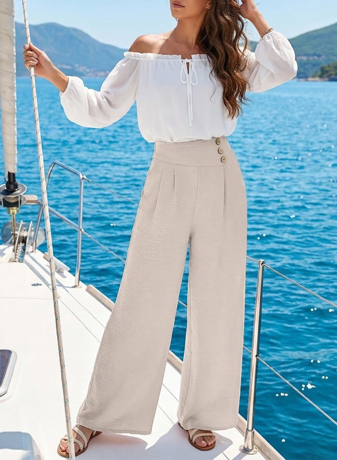 EVALESS Womens High Waisted Button Pleated Wide Leg Pants Beach Vacation Trouses, Jet Stream, L - Image 4