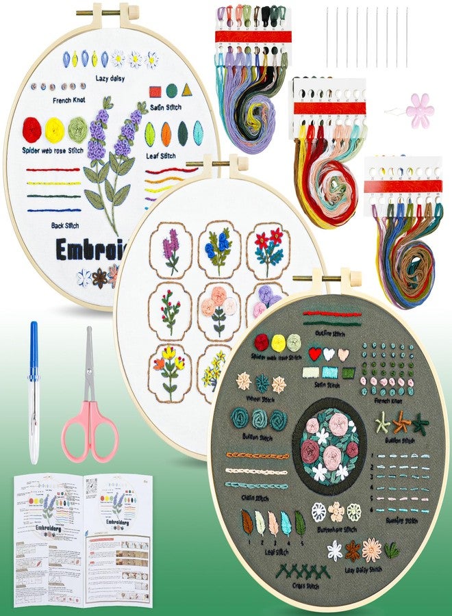 HTVRONT Embroidery Kit for Beginners- 3 Pcs 14 Stitches and 9 Flower Practice Samplers, Pre-Printed Patterns, Step by Step Video, Beginner Embroidery Kit for Adults for Gift for Women - Image 1