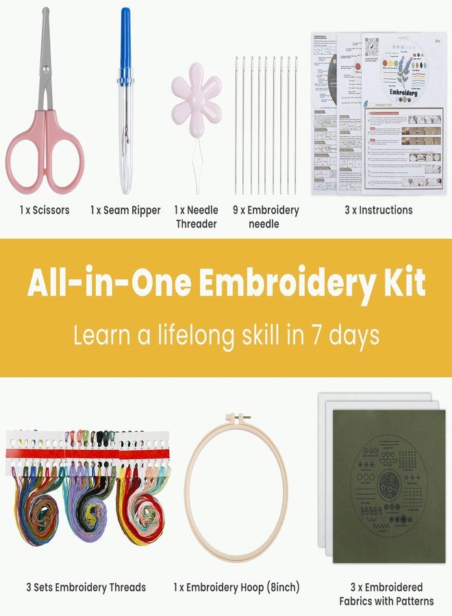 HTVRONT Embroidery Kit for Beginners- 3 Pcs 14 Stitches and 9 Flower Practice Samplers, Pre-Printed Patterns, Step by Step Video, Beginner Embroidery Kit for Adults for Gift for Women - Image 2