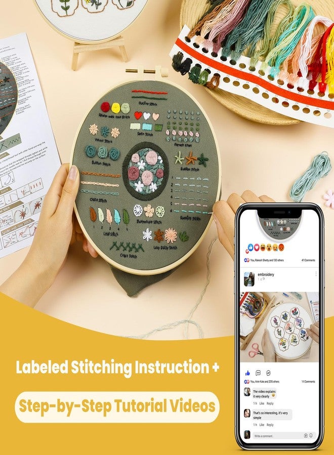 HTVRONT Embroidery Kit for Beginners- 3 Pcs 14 Stitches and 9 Flower Practice Samplers, Pre-Printed Patterns, Step by Step Video, Beginner Embroidery Kit for Adults for Gift for Women - Image 3