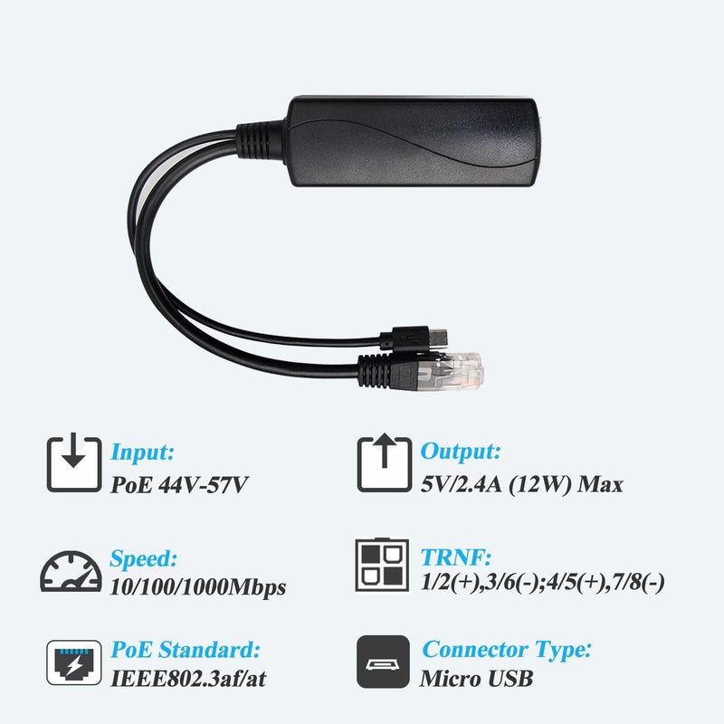 REVODATA Micro USB Port PoE Splitter Gigabit 5V/2.4A, PoE to Micro USB 5V/2.4A, 1000Mbps Gigabit Ethernet Compliant with IEEE802.3af/at Standard, Plug and Play - Image 3